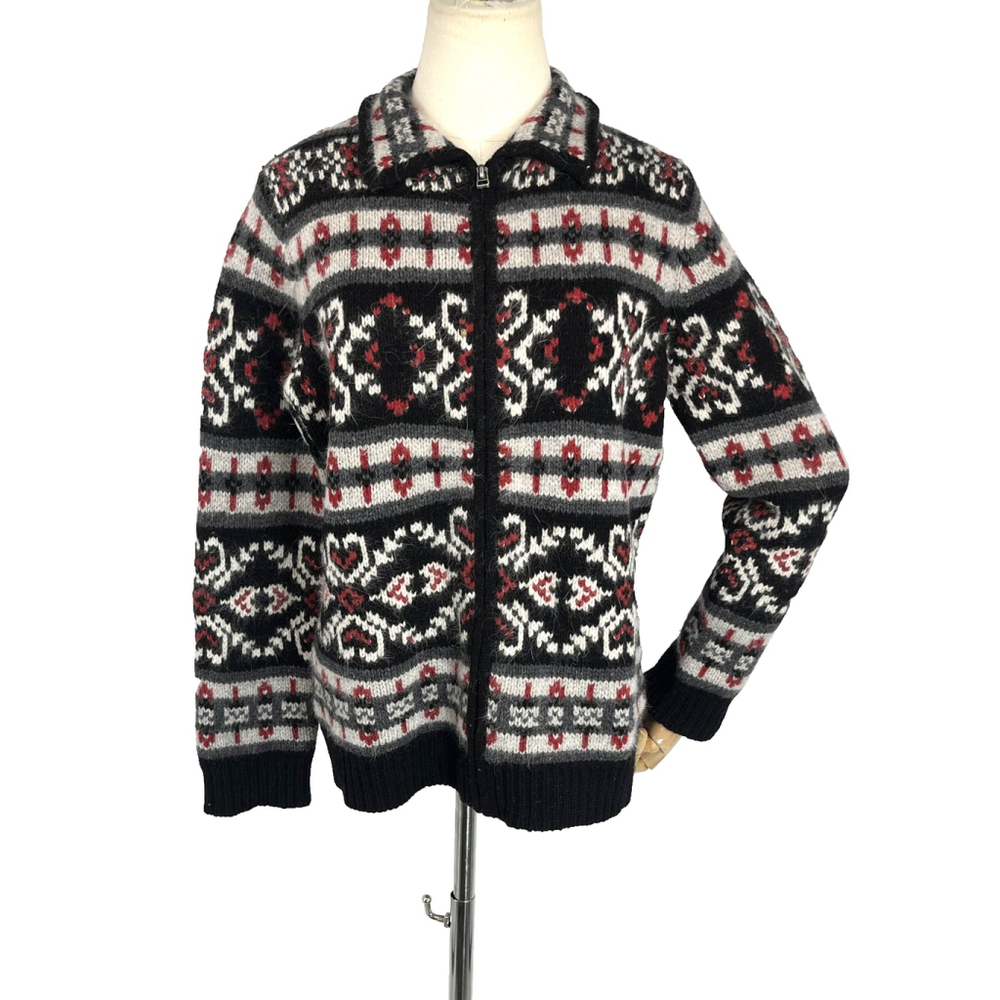 Vintage Nordic Fair Isle Sweater Womens Small Black Gray Zip Cardigan‎ Angora